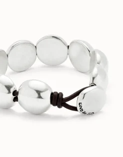 Pulsera de cuero con cuentas grandes redondas bañadas en plata de ley