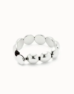 Pulsera de cuero con cuentas grandes redondas bañadas en plata de ley