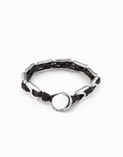 Pulsera de cuero con eslabones bañados en plata de ley