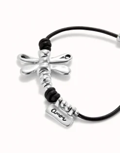 Pulsera de cuero con libélula bañado en plata de ley