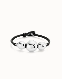 Pulsera de cuero con tres bolas grandes bañadas en plata de ley