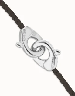 Pulsera de cuero marrón con mosquetón entrelazado en plata