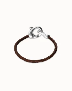 Pulsera de cuero marrón con mosquetón entrelazado