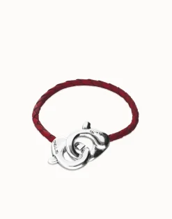 Pulsera de cuero rojo con mosquetón entrelazado