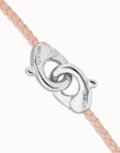Pulsera de cuero rosa con mosquetón entrelazado en plata