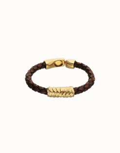 Pulsera de cuero trenzado marrón y detalle bañado en oro 18k