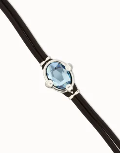 Pulsera de cuero y baño en plata con cristal facetado ovalado azul
