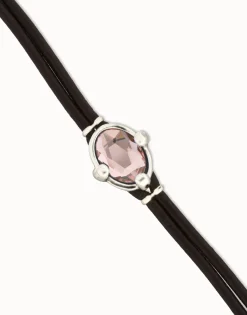 Pulsera de cuero y baño en plata con cristal facetado ovalado rosa