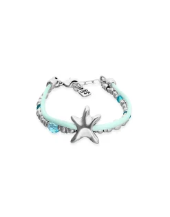 Pulsera de hilo de seda color turquesa bañada en plata con estrella de mar
