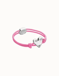 Pulsera de hilo elástico rosa con corazón bañado en plata de ley