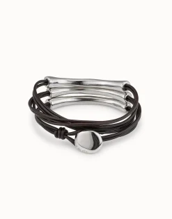 Pulsera de tres vueltas de cuero marrón y detalles bañados en plata de ley