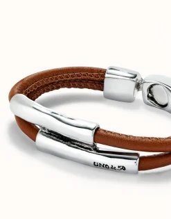 Pulsera doble cuero camel con dos tubos bañada en plata de ley