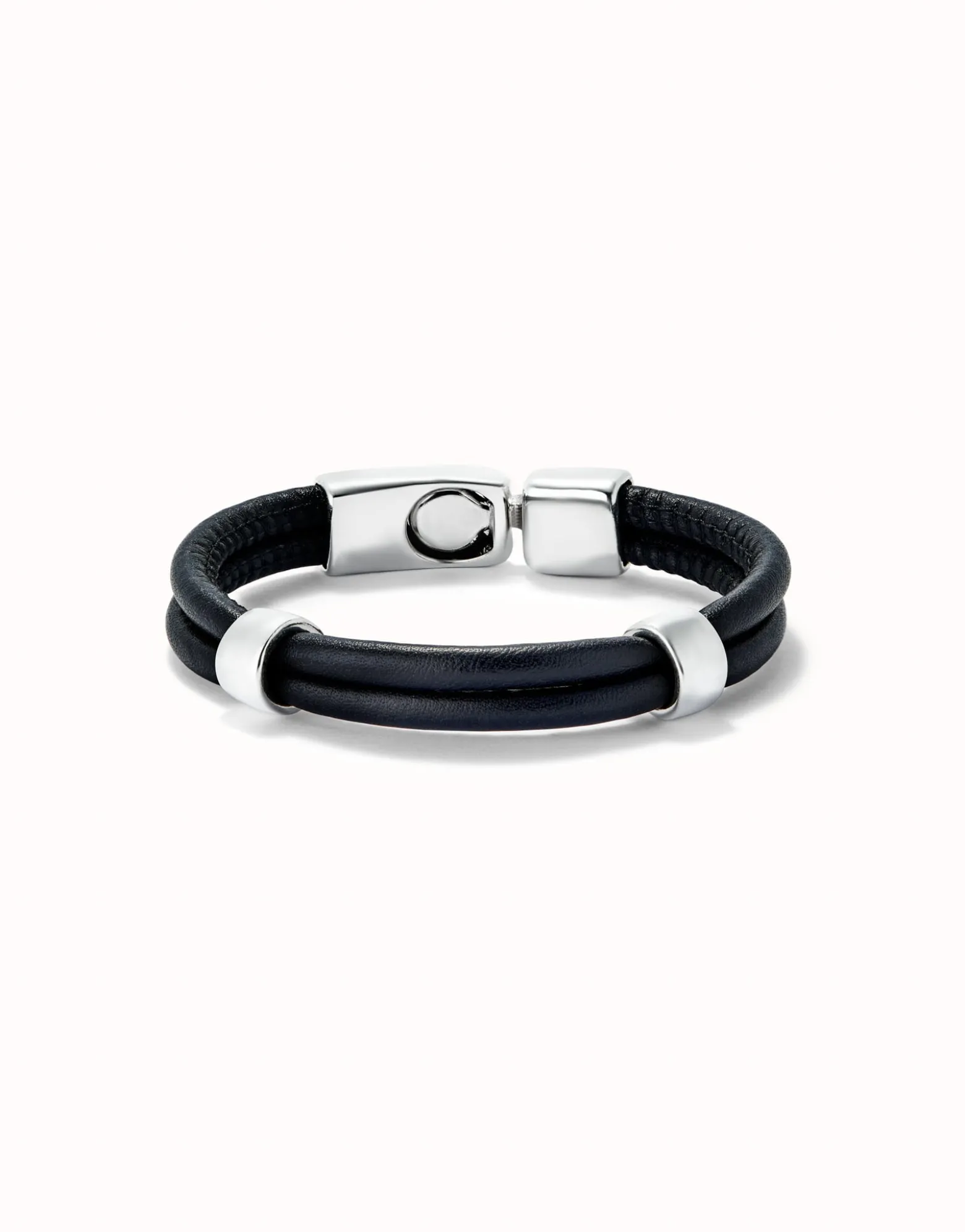 Pulsera doble cuero con 2 circunferencias bañadas en plata de ley