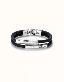 Pulsera doble cuero marron con dos tubos bañada en plata de ley