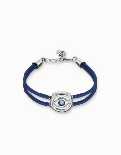 Pulsera doble de cuero azul con ojo bañado en plata de ley