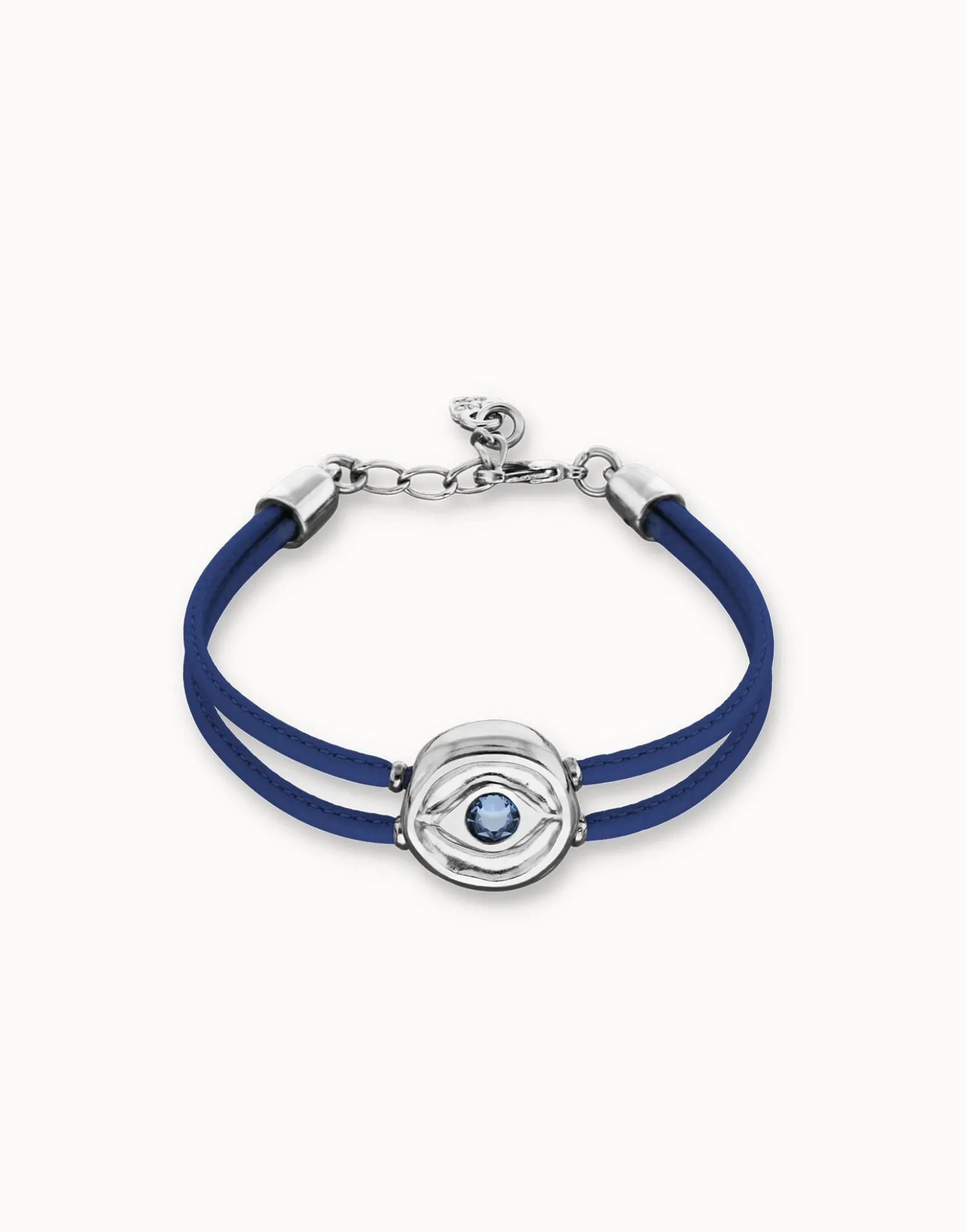 Pulsera doble de cuero azul con ojo bañado en plata de ley