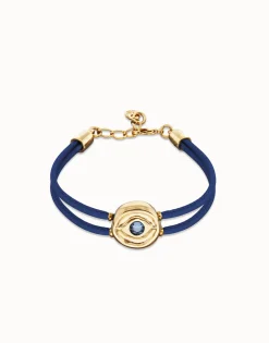 Pulsera doble de cuero azul con ojo bañado en oro 18k