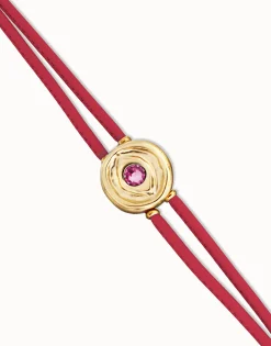 Pulsera doble de cuero fucsia con ojo bañado en oro 18k