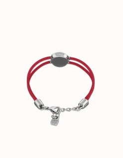 Pulsera doble de cuero fucsia con ojo bañado en plata de ley