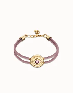 Pulsera doble de cuero lila con ojo bañado en oro 18k