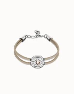 Pulsera doblede cuero marfil con ojo bañado en plata de ley