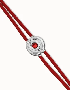 Pulsera doble de cuero rojo con ojo bañado en plata de ley