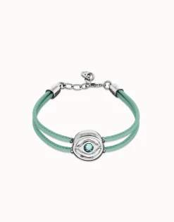 Pulsera doble de cuero turquesa con ojo bañado en plata de ley