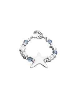 Pulsera elástica bañada en plata con cristales azules y estrella de mar