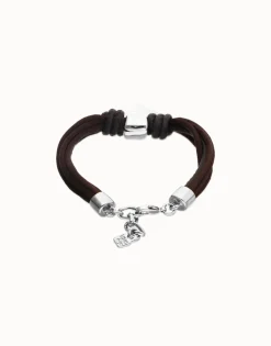 Pulsera en hilo de seda y cuero marrón con corazón bañado en plata