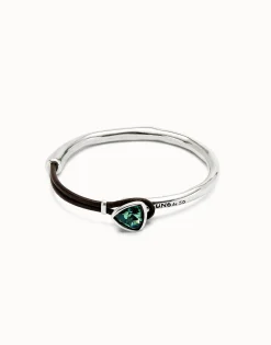 Pulsera fina bañada en plata de ley con cuero y cristal facetado verde