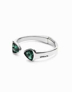 Pulsera gruesa bañada en plata de ley con dos cristales facetados verdes