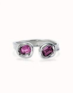 Pulsera rígida bañada en plata de ley y dos cristales rosas